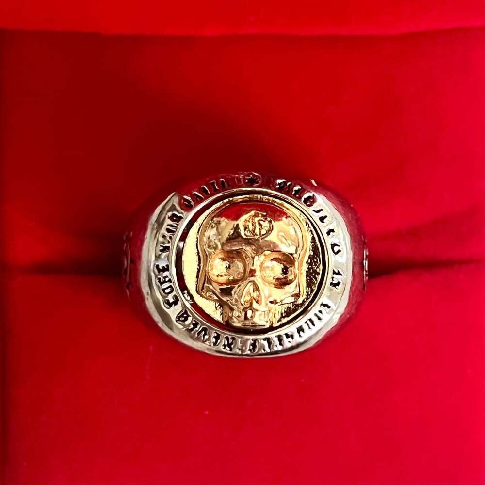 Gothic Bicolor Gold Skull Signet Ring Size 9